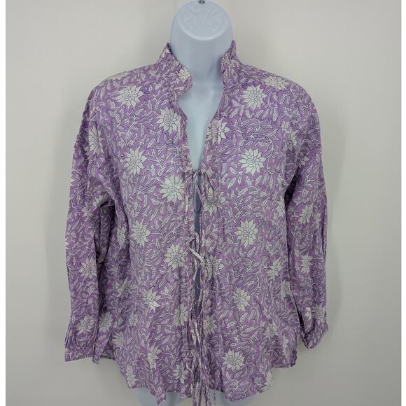 Alix of Bohemia Purple Floral Tie Front Blouse XS 100% Cotton Boho Cottagecore - Picture 1 of 6